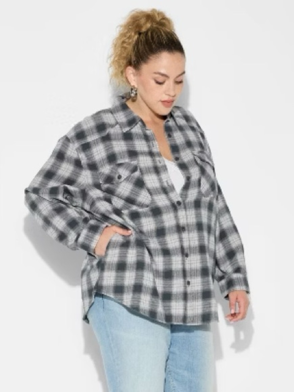 Women's Oversized Long Sleeve Collared Flannel Shirt - Wild Fable™ Black Plaid